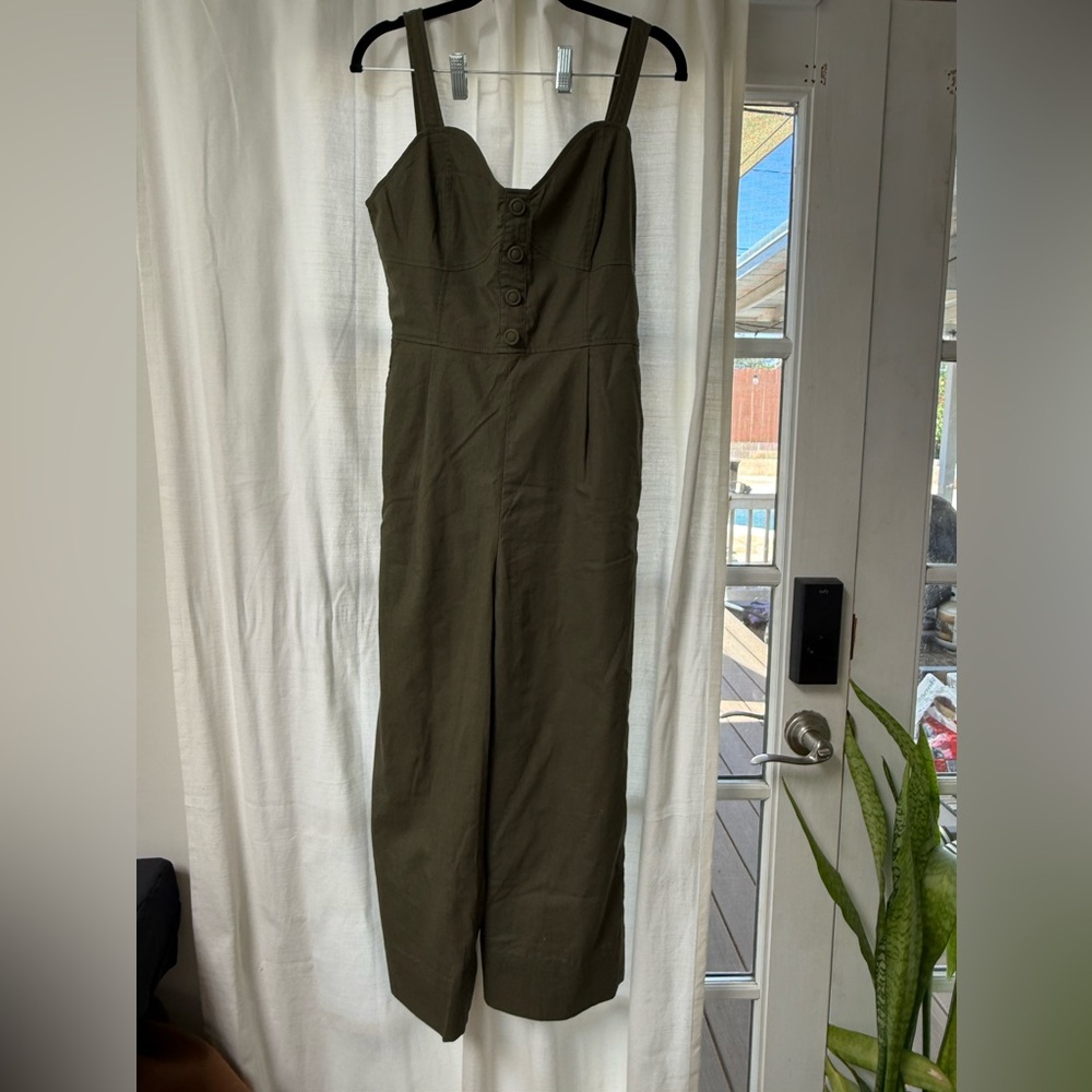 Moon River Olive Strap Jumpsuit with Button Bodice Wide Legs